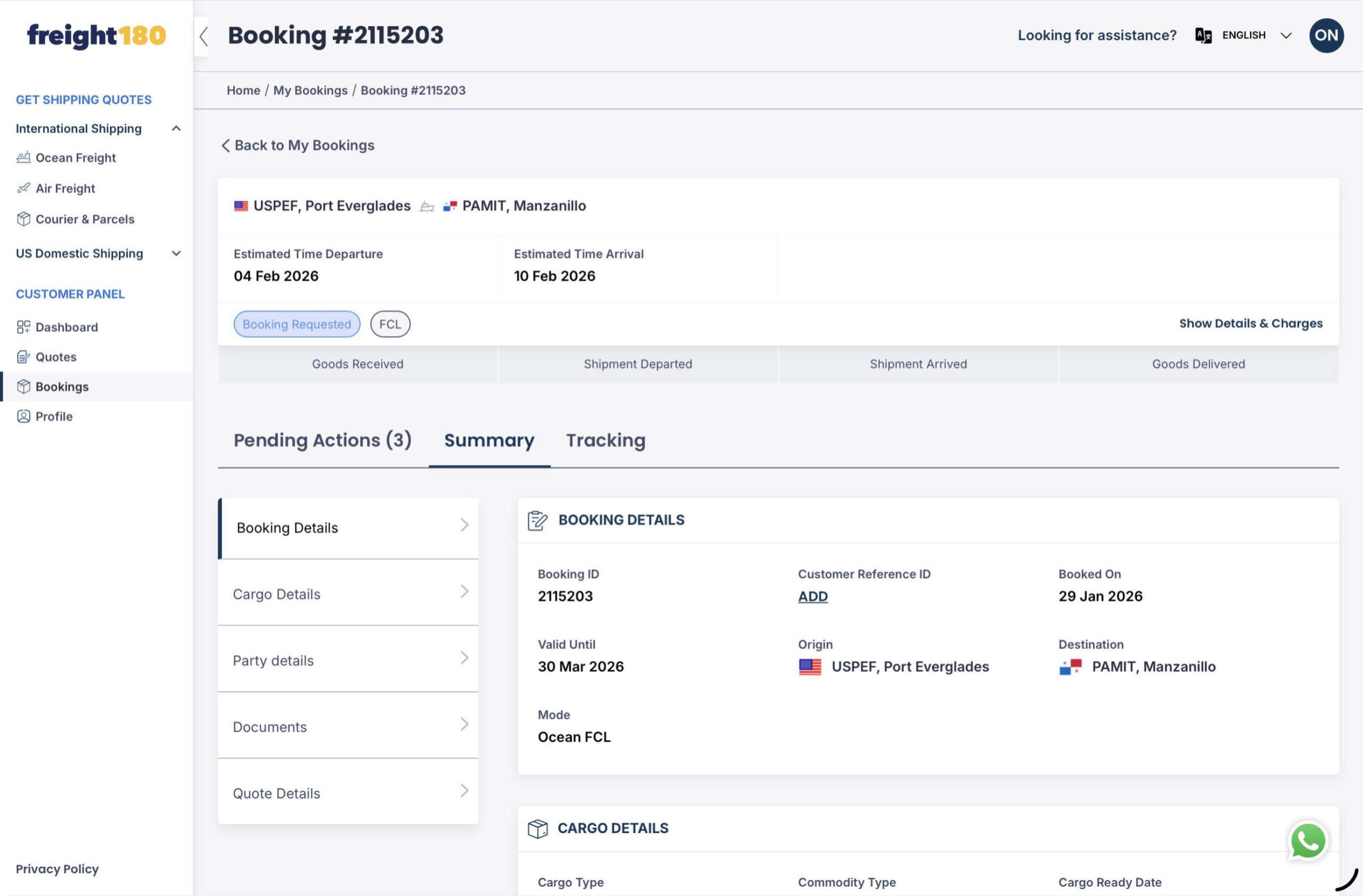 Freight180 online shipment booking process